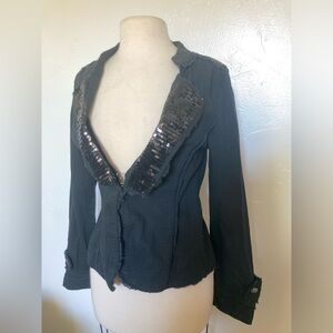 Y2K Vintage Dollhouse Black Sequin Distressed Blazer, Unique Embellishments